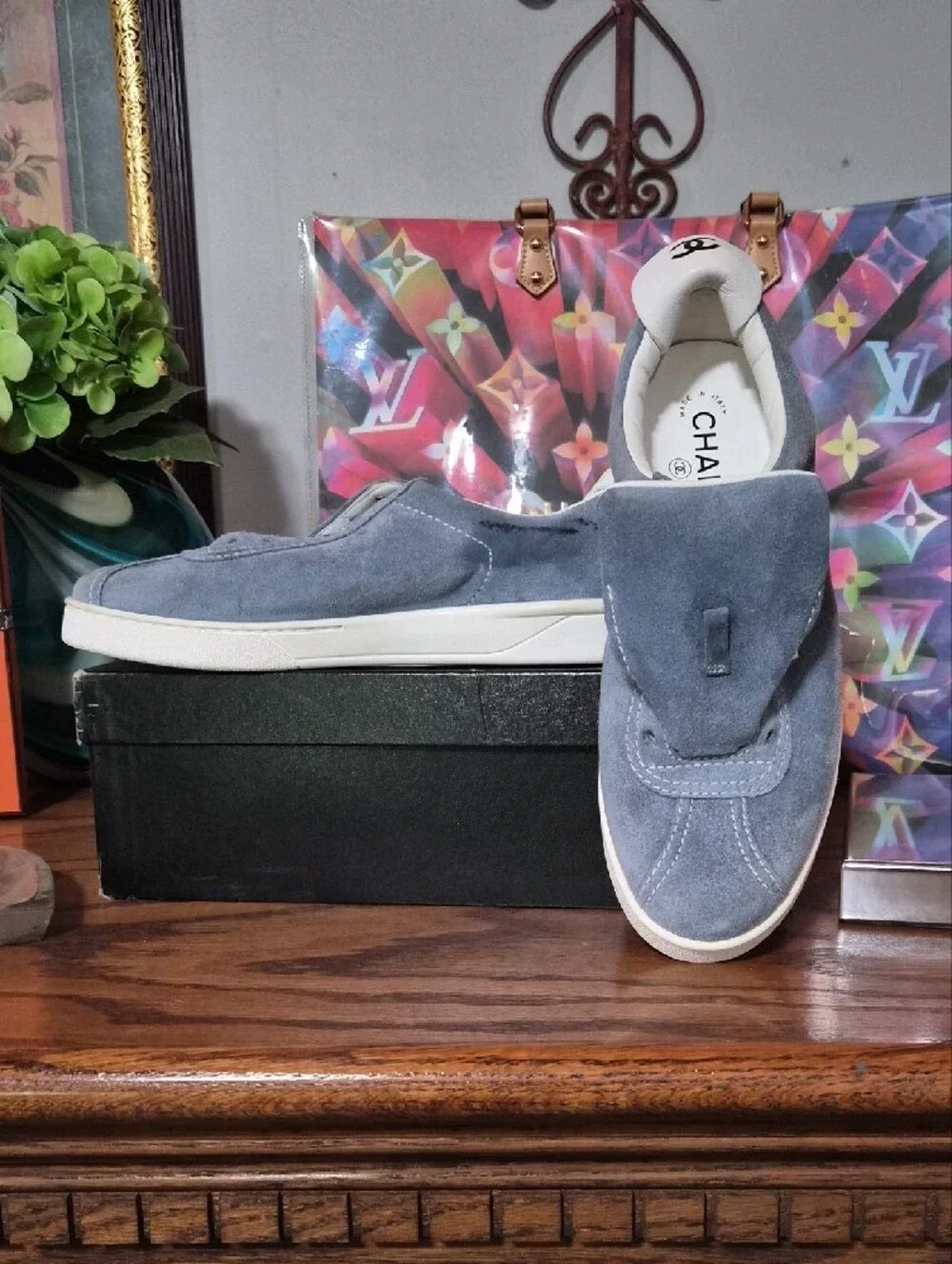 Chanel Women's Suede Low-Top Sneakers in Slate Blue